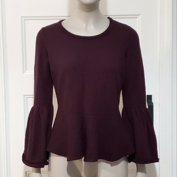 Nanette Lepore Merino Wool Peplum Bell Sleeve Sweater Misses L-7 Wine Purple Top - Picture 1 of 9